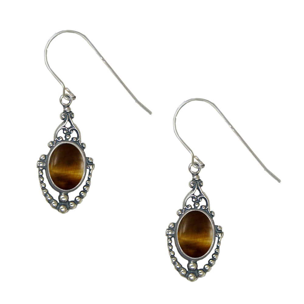 Sterling Silver Victorian Tiger Eye Drop Dangle Earrings